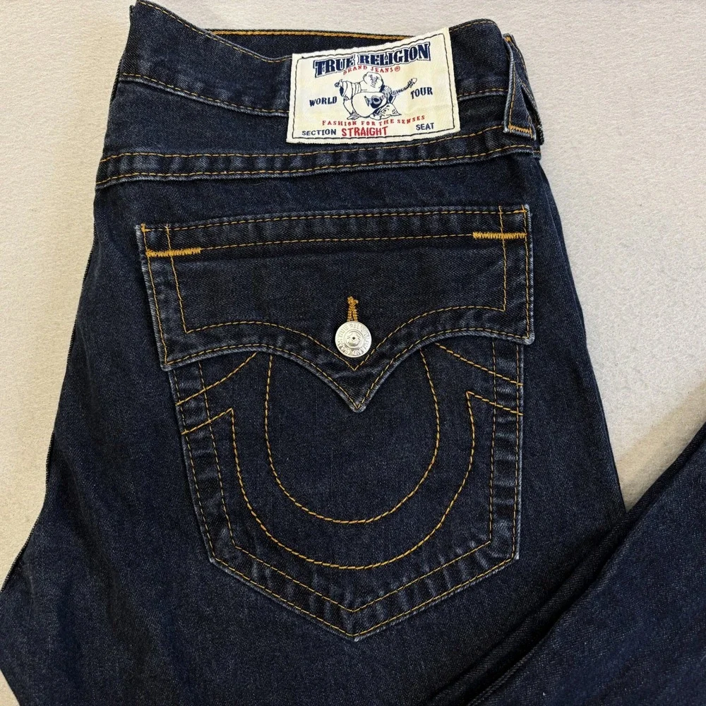 True Religion Straight Leg Jeans Mens 36 Dark Wash Denim Flap Pocket Indigo Y2K